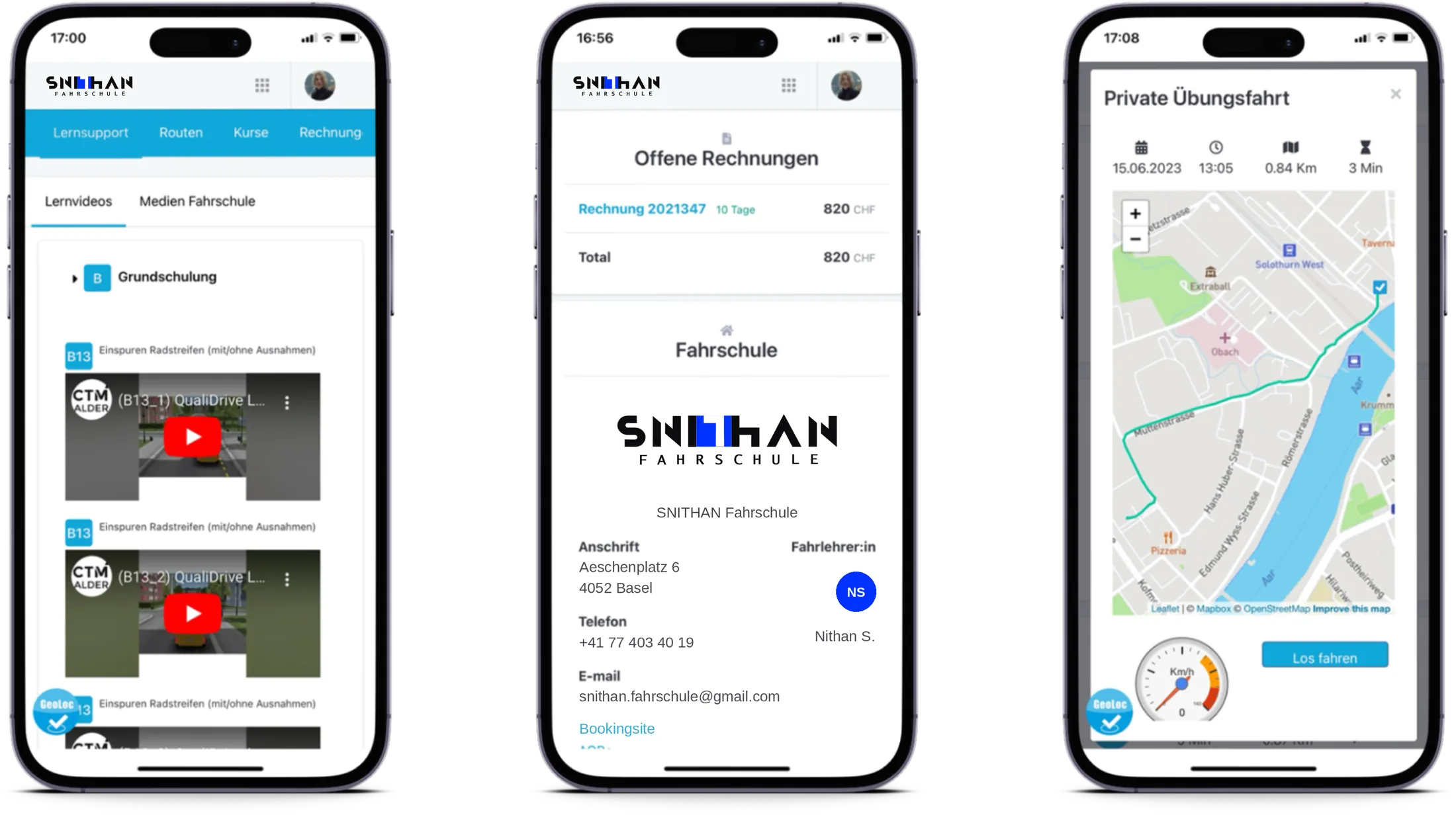 QualiDrive App mit SNITHAN Fahrschule: Lernvideos, offene Rechnungen mit Kontaktangaben und private Übungsfahrt mit Karte
